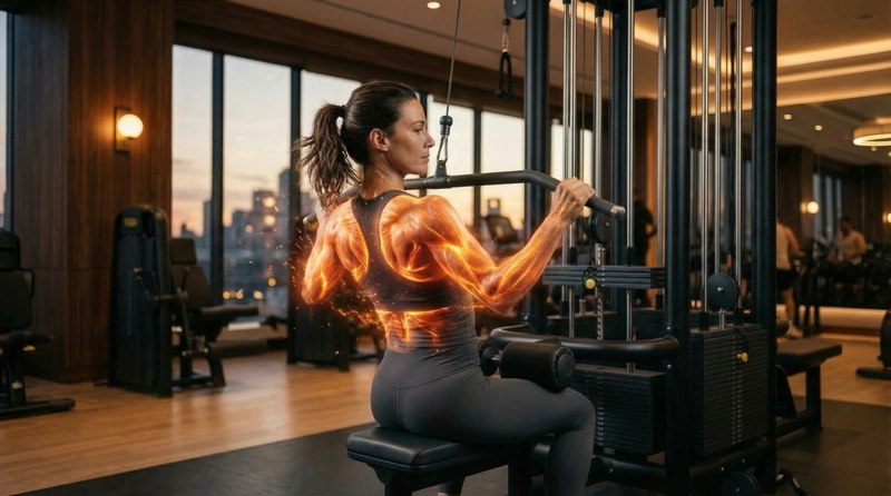 Frau trainiert am Kabelzug mit brennenden Muskeln